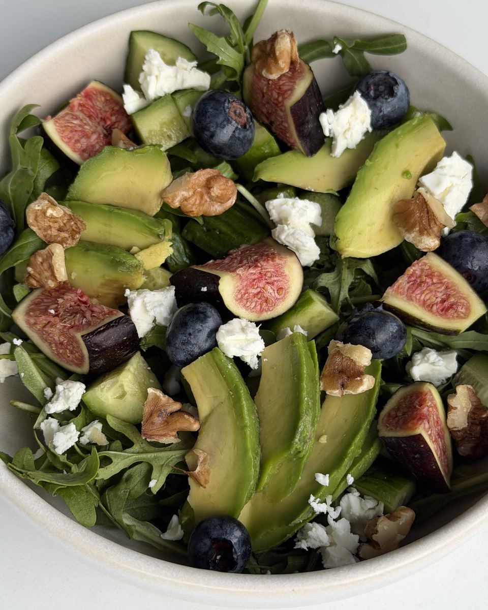 Fig, avocado and feta salad with walnuts and blueberries